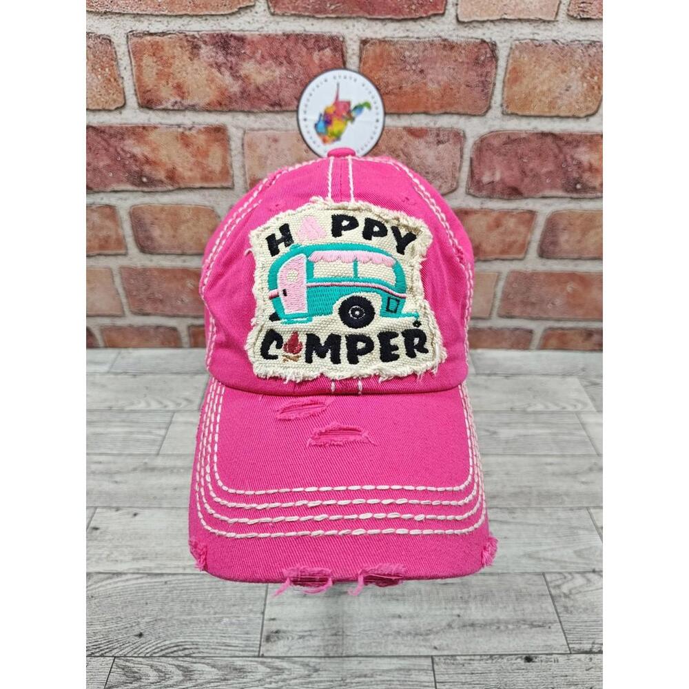 Happy Camper Embroidered Factory Distressed Baseball Cap Hot Pink Strapback Hat